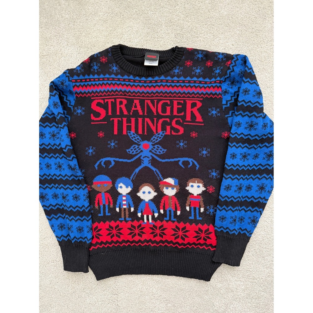 Stranger Things Mens Ugly Christmas Sweater Demogorgon 8-Bit Knit Black Large